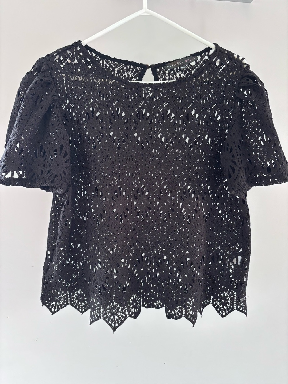 Black Lace Crochet Short puffy Sleeve Top -  Women